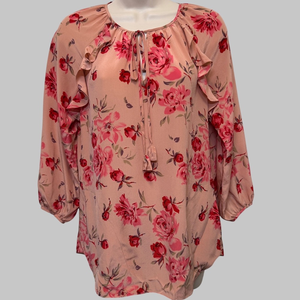 Rebecca Taylor Womens Silk Blouse 0 Pink Floral Ruffle Tie Neck Boho Romantic